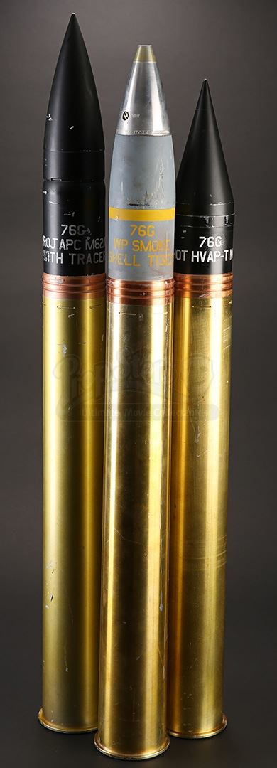 A prop 76mm round set from David Ayer’s war drama Fury. A variety of ...