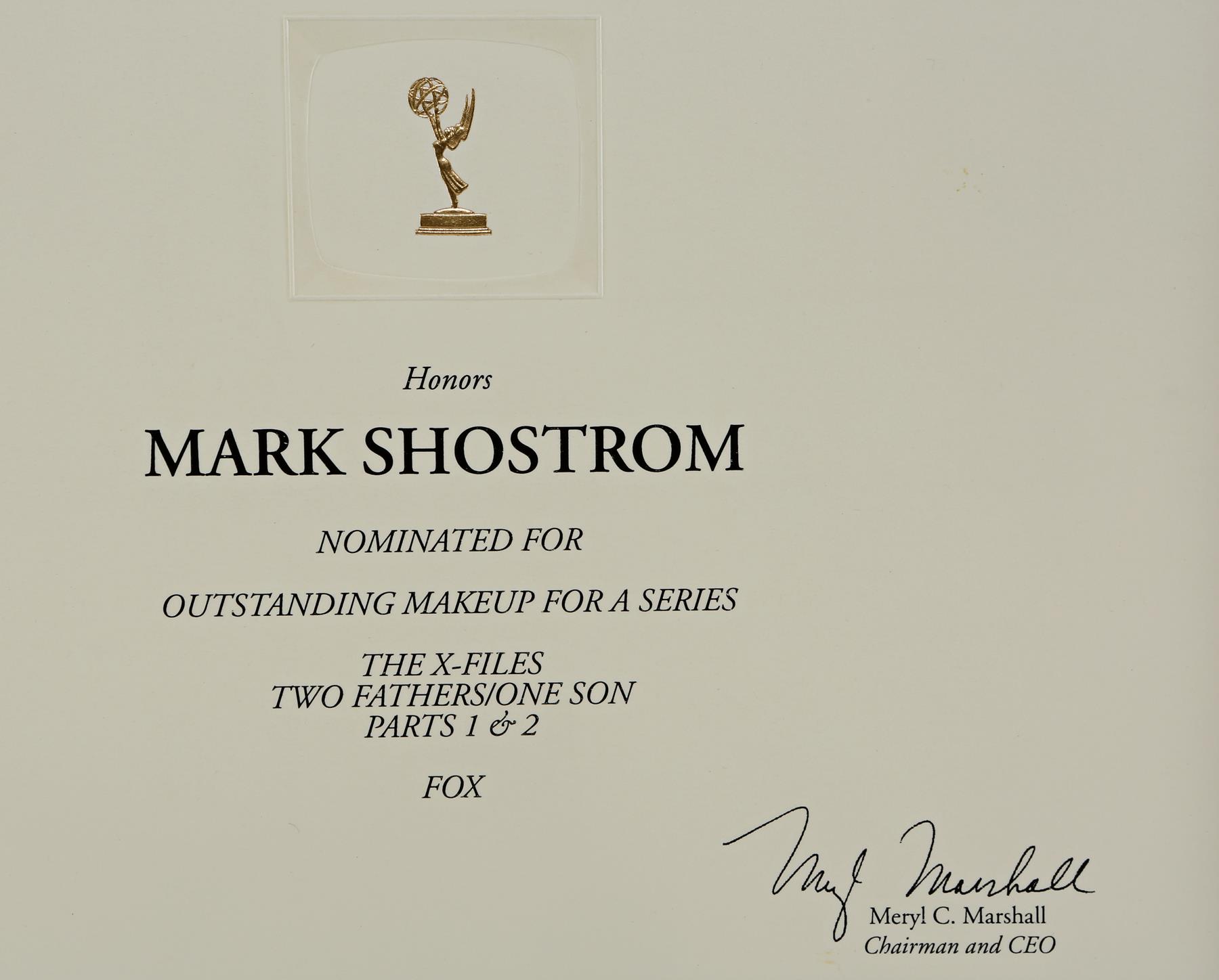 THE X-FILES (1993 - 2002) - Mark Shostrom’s Emmy Nomination Certificate ...
