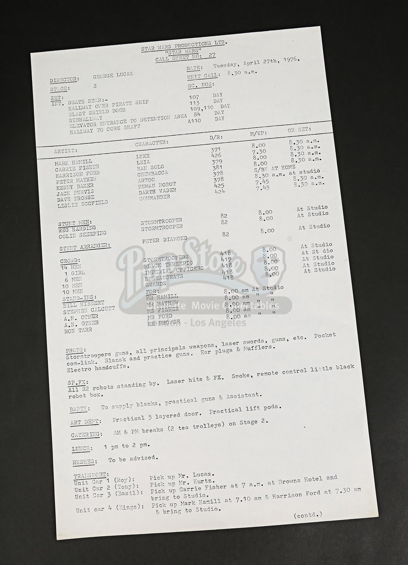 STAR WARS: A NEW HOPE (1977) - Production-Used Call Sheet - 27 ...