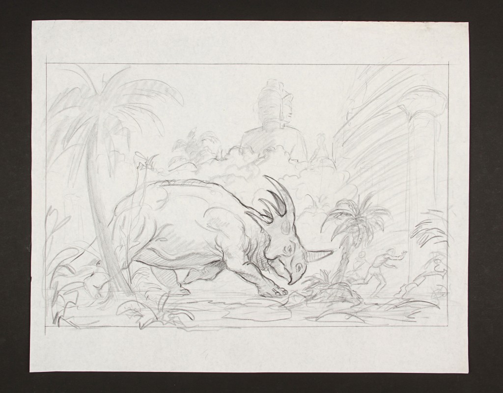 KingOfTheGeniis-RayHarryhausenHandDrawnConceptOfTheTriceratops1
