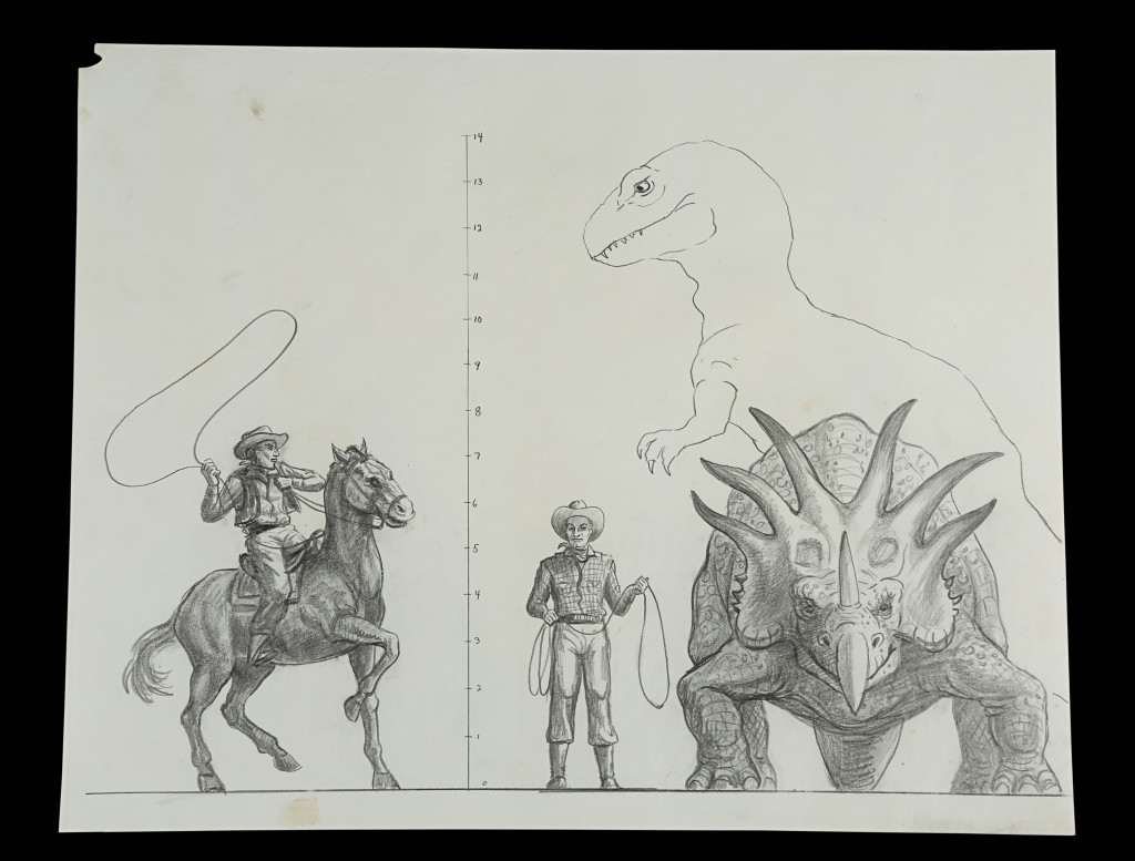 70990_Ray Harryhausen Hand-Drawn Concept of Styracosaurus and Cowboy Scale Comparison_1